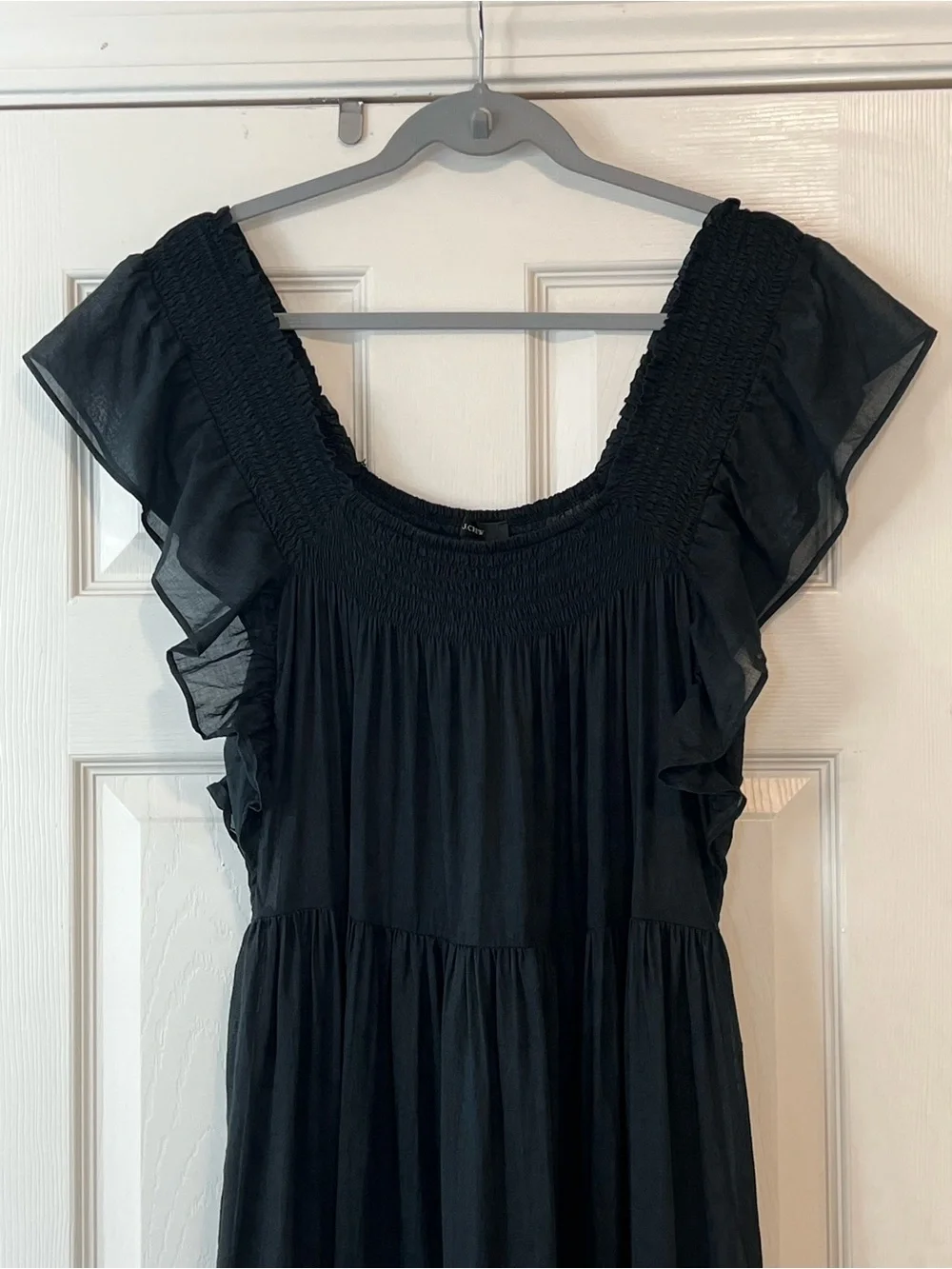 J.Crew Black Sheer Cotton Tiered Maxi Dress Flutter Sleeve Smocked Boho Prairie